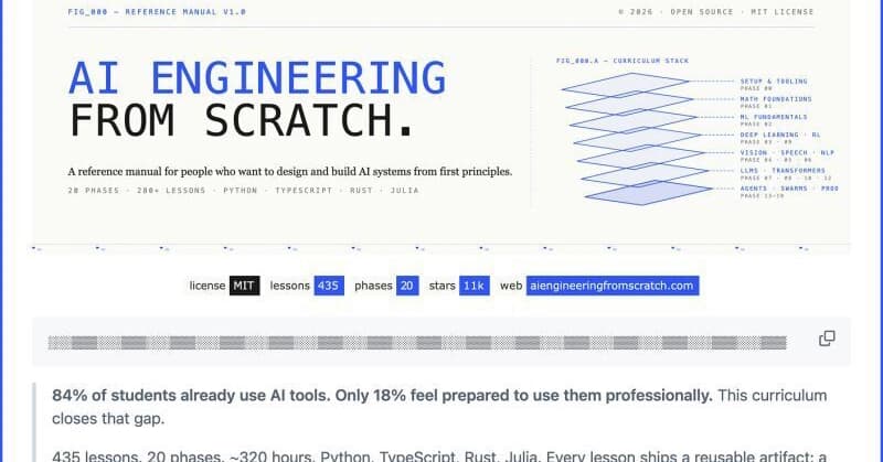 AI Engineering From Scratch: 435 Lessons Built Without Frameworks